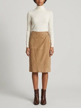 Ralph Lauren Camel Suede Wrap-Detail Midi Skirt